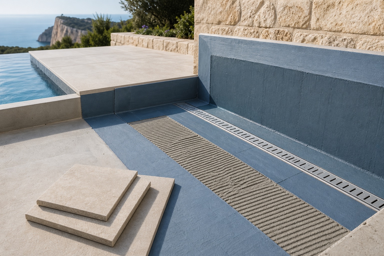 Abdichtung von Terrasse und Pool vor der Fliesenverlegung
